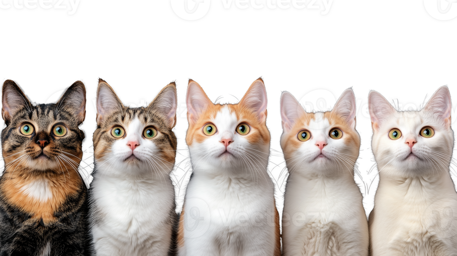 Five cats in a row with various colors and expressions, isolated on transparent background png