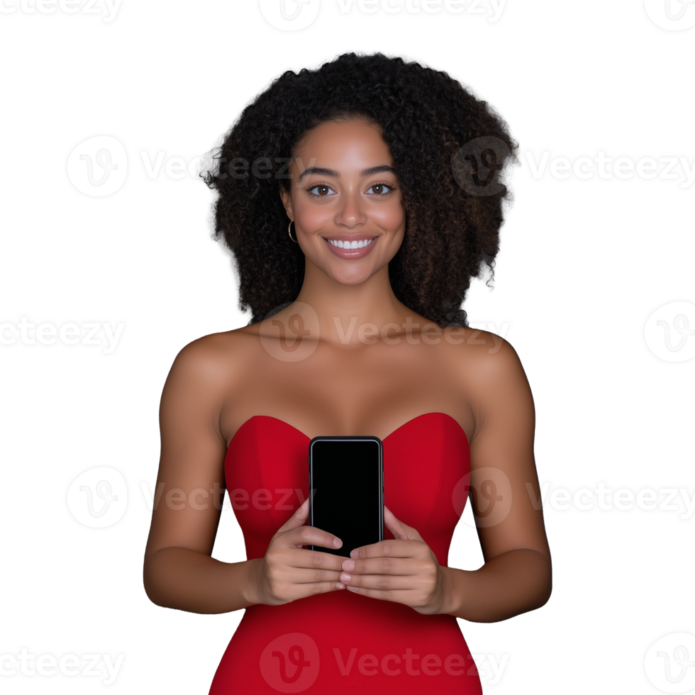 Smiling woman in red dress holding smartphone, isolated on transparent background png