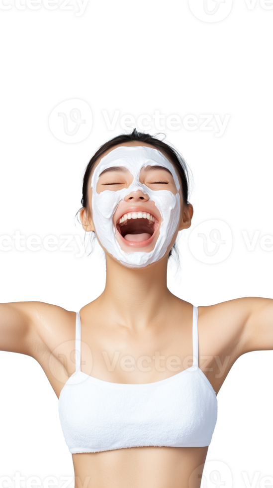 Woman with face mask treatment, wearing white, relaxed and laughing, isolated on transparent background png