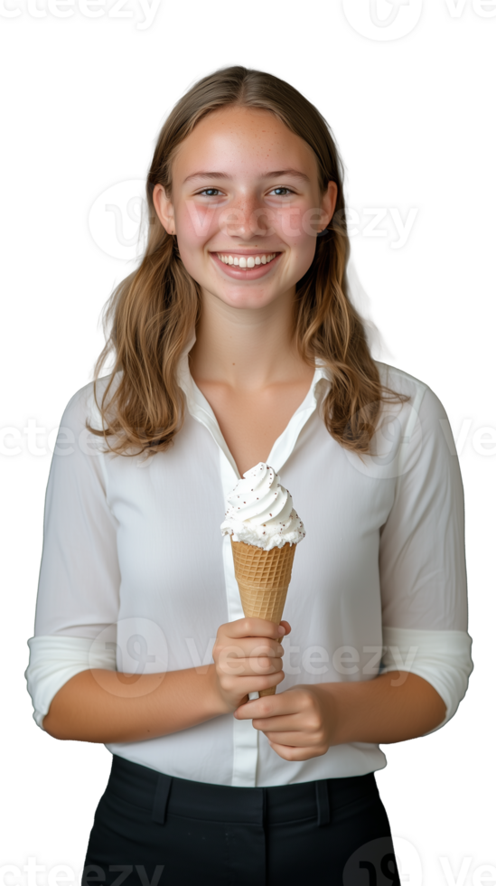 Happy girl holding a soft-serve ice cream cone, smiling, isolated on transparent background png
