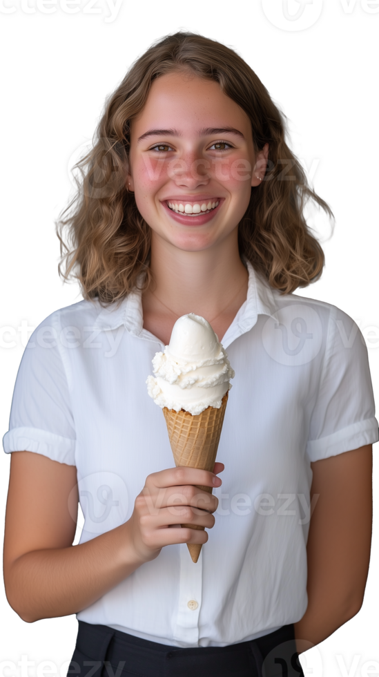 Joyful young girl with a large ice cream cone, isolated on transparent background png
