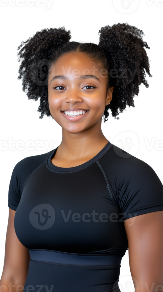 Athletic woman in fitness top with positive smile, isolated on transparent background png