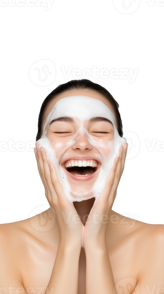 Woman in white with skincare mask, hands on face, smiling and relaxed, isolated on transparent background png