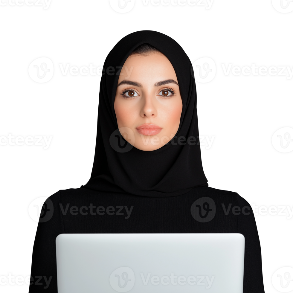 Woman in black hijab working on laptop, isolated on transparent background png