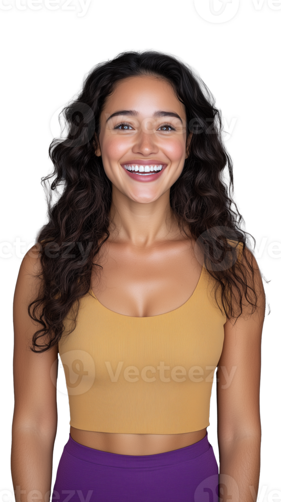 Joyful woman in yellow top, hands on hips, smiling brightly, isolated on transparent background png