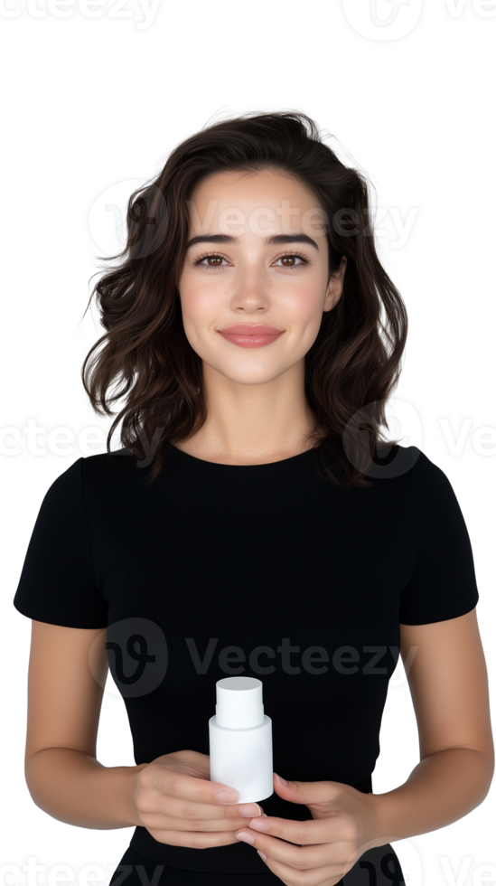 Woman holding a glass of water, dark outfit, isolated on transparent background png