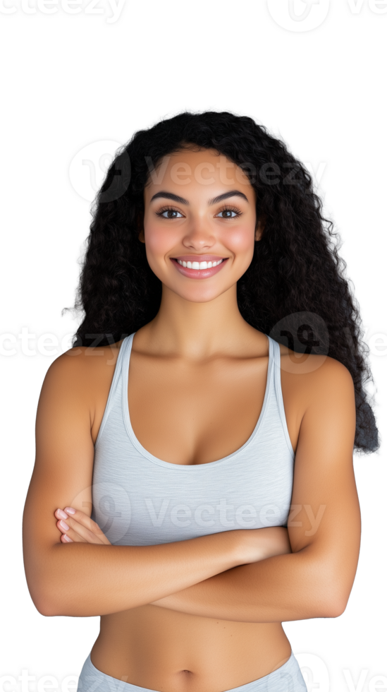Confident woman in activewear with hands on hips, isolated on transparent background png
