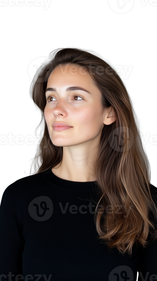 Woman in dark attire looking thoughtfully to the side, isolated on transparent background png