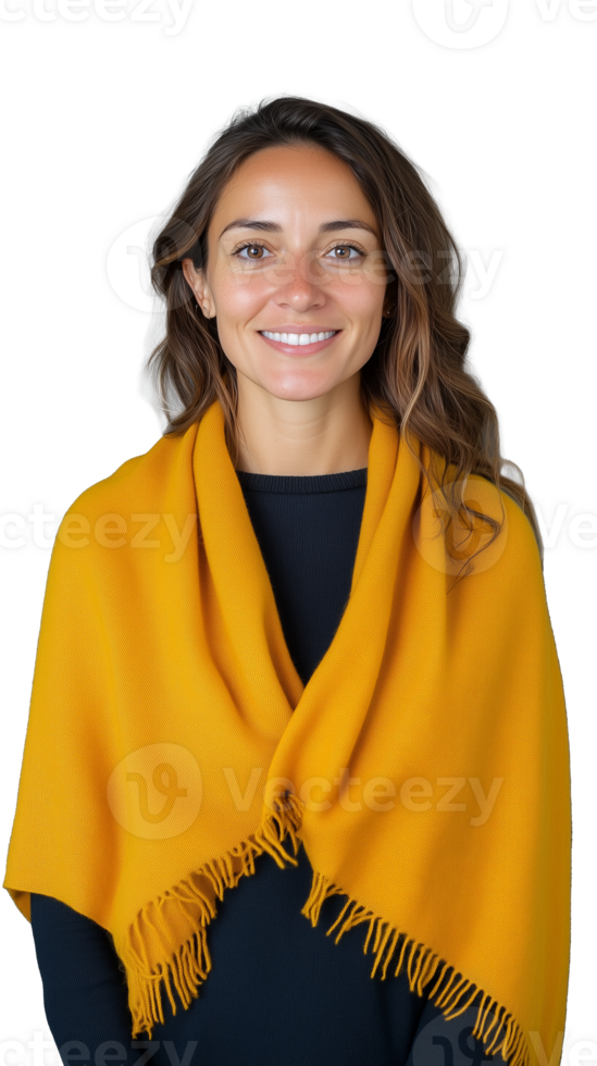Woman in yellow scarf smiling warmly, cozy look, isolated on transparent background png