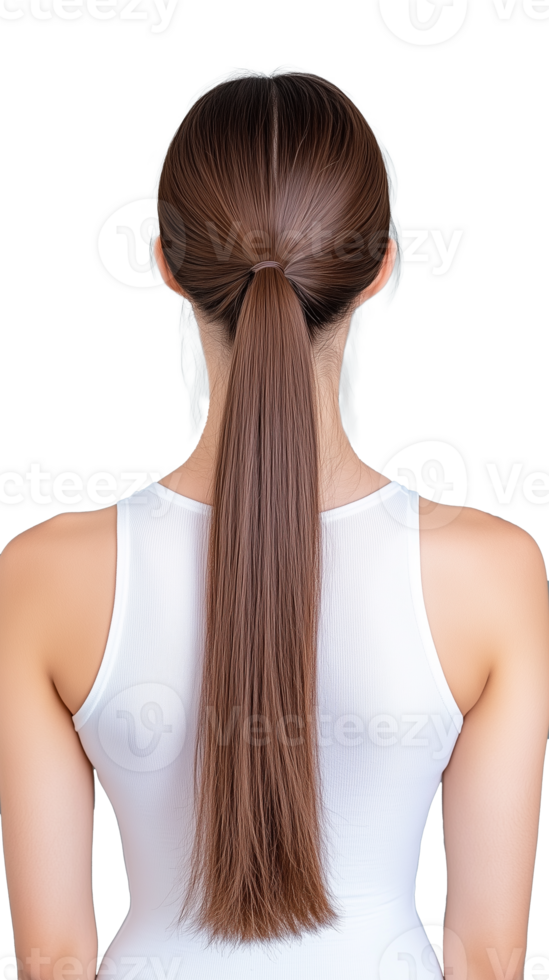 Rear view of woman with long straight hair in white top, isolated on transparent background png