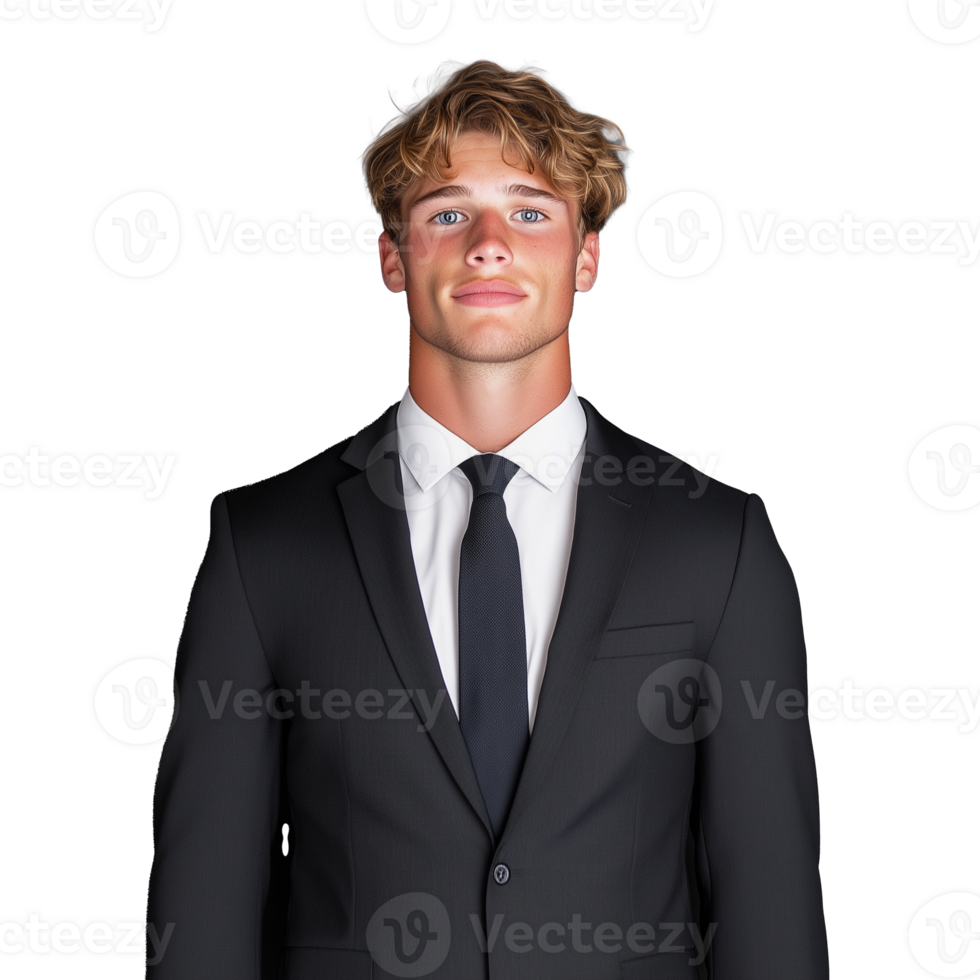 Young man in formal suit smiling confidently, isolated on transparent background png