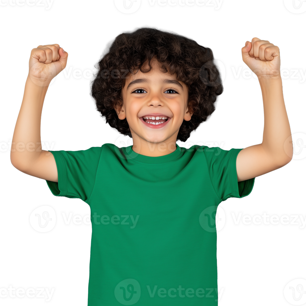 Excited child in green shirt raising fists in celebration, isolated on transparent background png