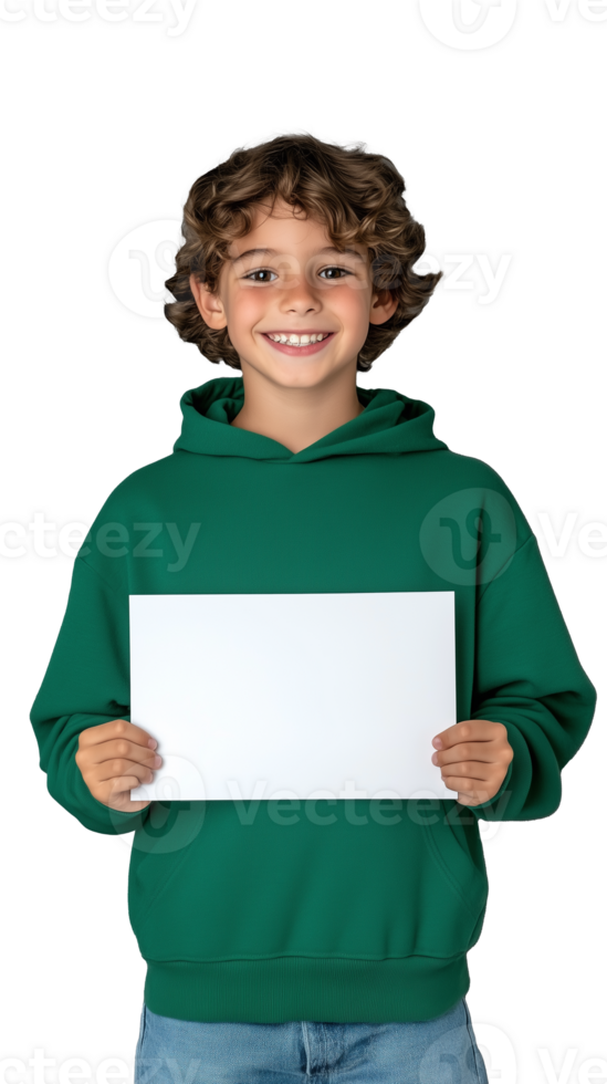 Smiling boy in green hoodie holding blank sign, isolated on transparent background png