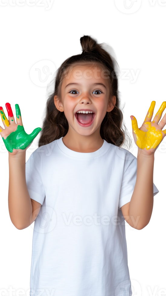 Girl with colorful painted hands, white shirt, joyful expression, isolated on transparent background png