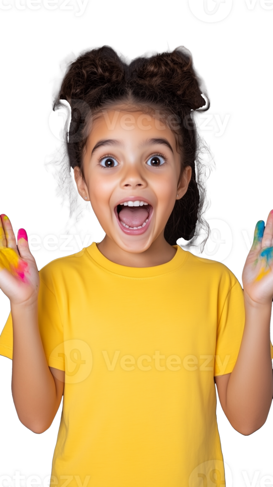 Excited girl with painted hands in yellow shirt, isolated on transparent background png