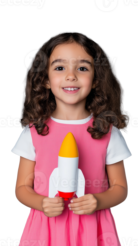 Girl holding toy rocket with smile, pink dress, isolated on transparent background png