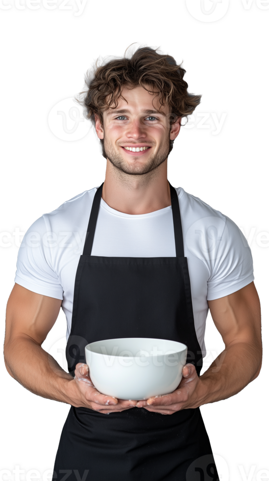 Smiling young male chef in apron holding a bowl, isolated on transparent background png