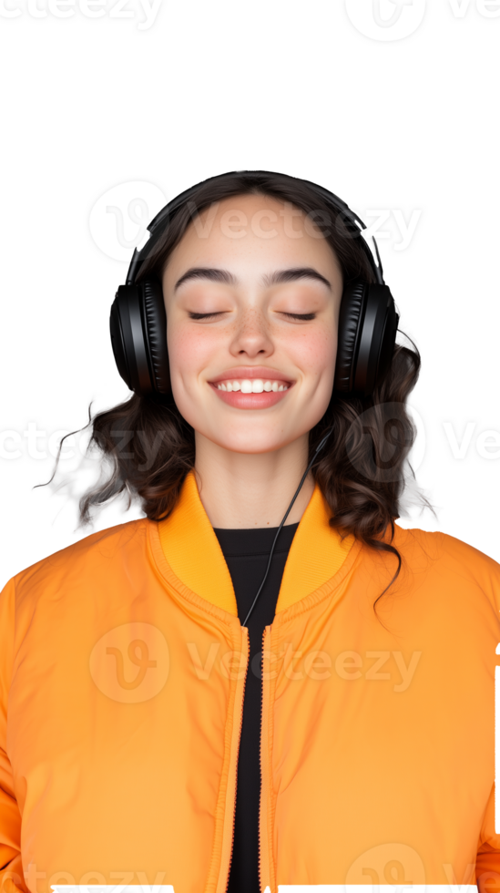 Woman in orange jacket with headphones, eyes closed, isolated on transparent background png