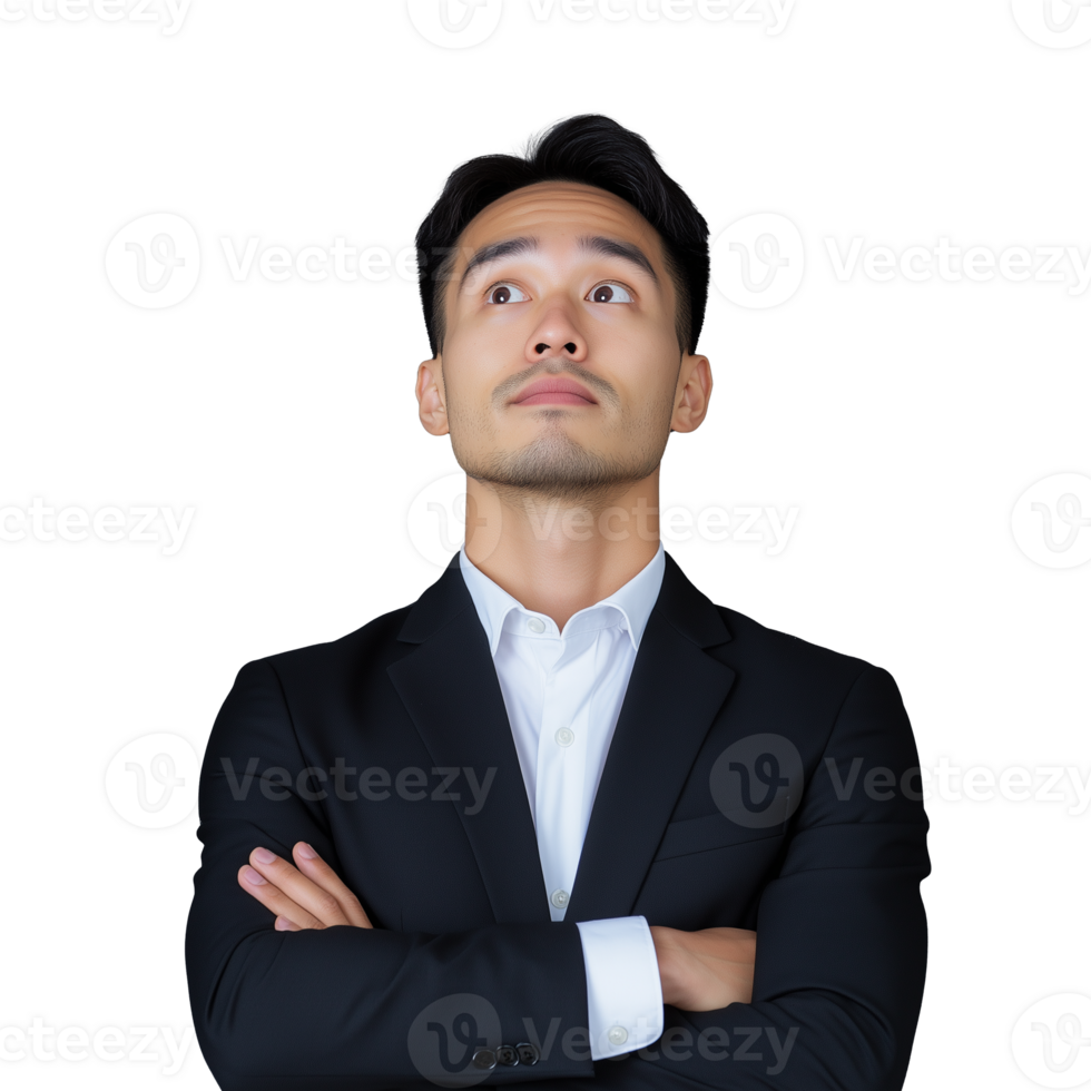Young businessman in a formal suit crossing arms and gazing upward, isolated on a transparent background png