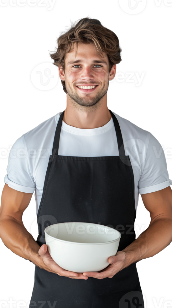 Male chef in apron holding mixing bowl, isolated on transparent background png