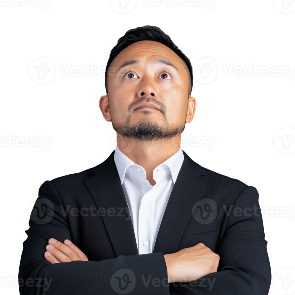 Confident businessman in a suit crossing arms, looking upward, isolated on a transparent background png