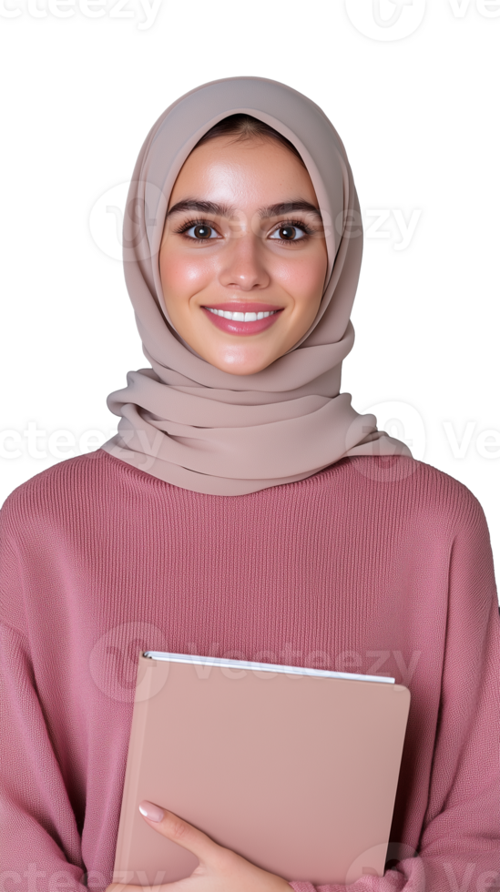 Smiling woman in pink hijab holding tablet, isolated on transparent background png