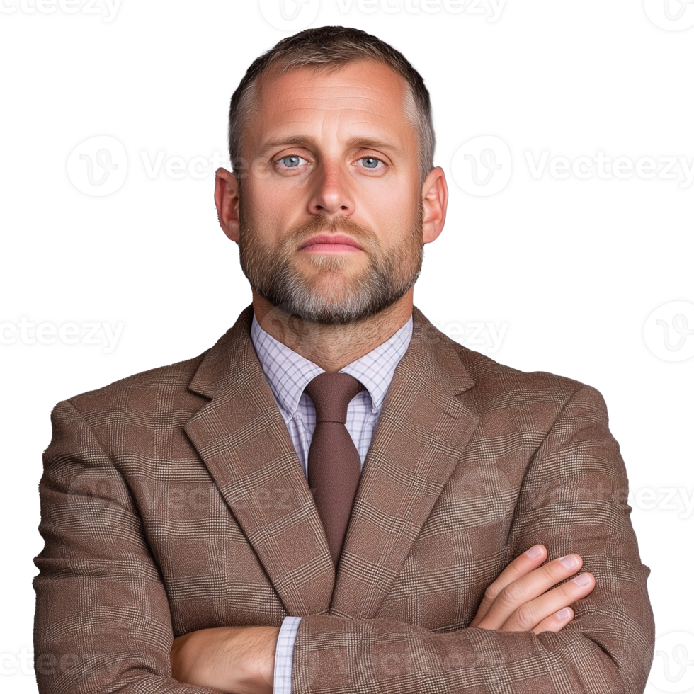 Confident businessman with arms crossed, wearing a brown suit, isolated on a transparent background png