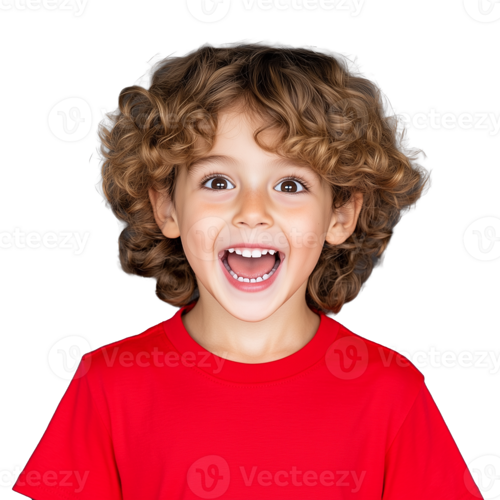 Happy boy with curly hair in red shirt, smiling widely, isolated on a transparent background png