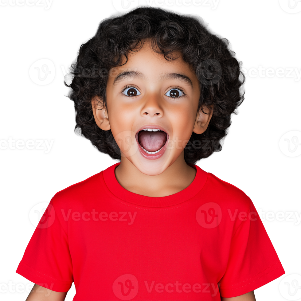 Excited young boy in red shirt with open mouth, isolated on a transparent background png