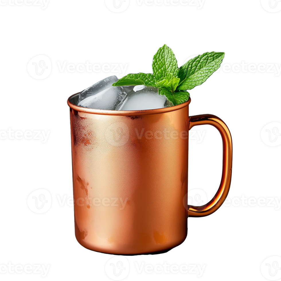 Copper mug with ice cubes and mint garnish, isolated on a transparent background png