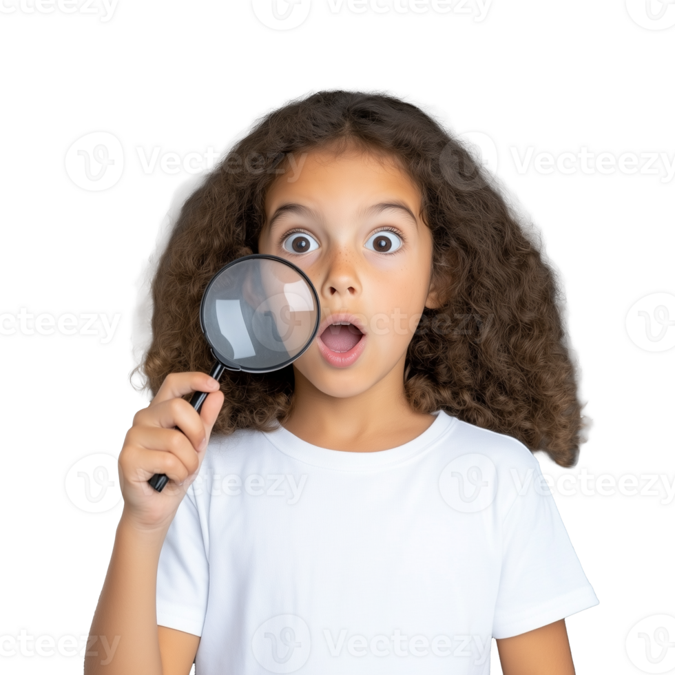 Curious young girl holding magnifying glass, looking surprised, isolated on a transparent background png