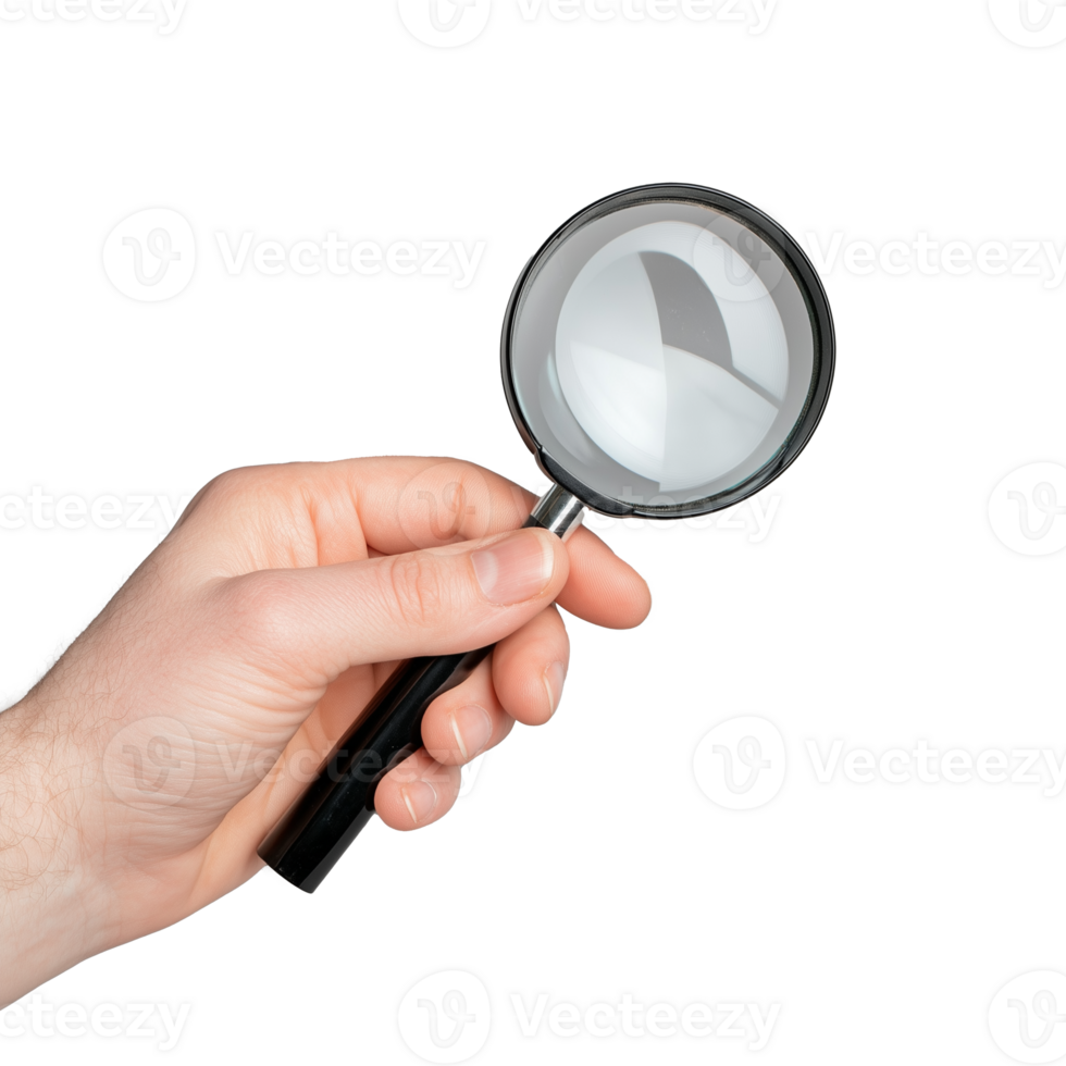 Close-up of a hand holding a magnifying glass, isolated on a transparent background png