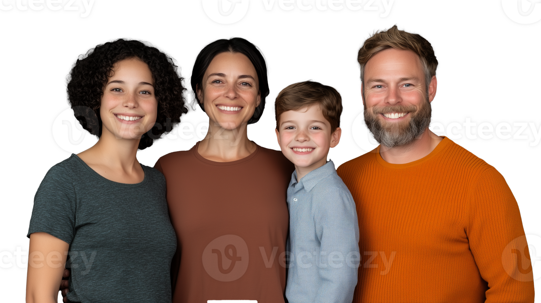 Multi-generational family portrait of five, happy expressions, isolated on a transparent background png