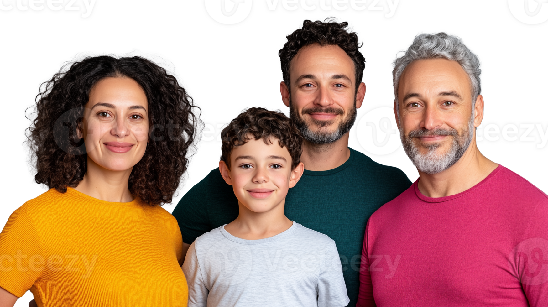 Extended family portrait with two adults and three children, happy group isolated on a transparent background png