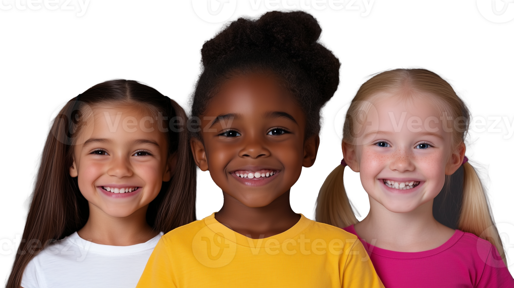 Three young girls with diverse backgrounds smiling together, isolated on a transparent background png