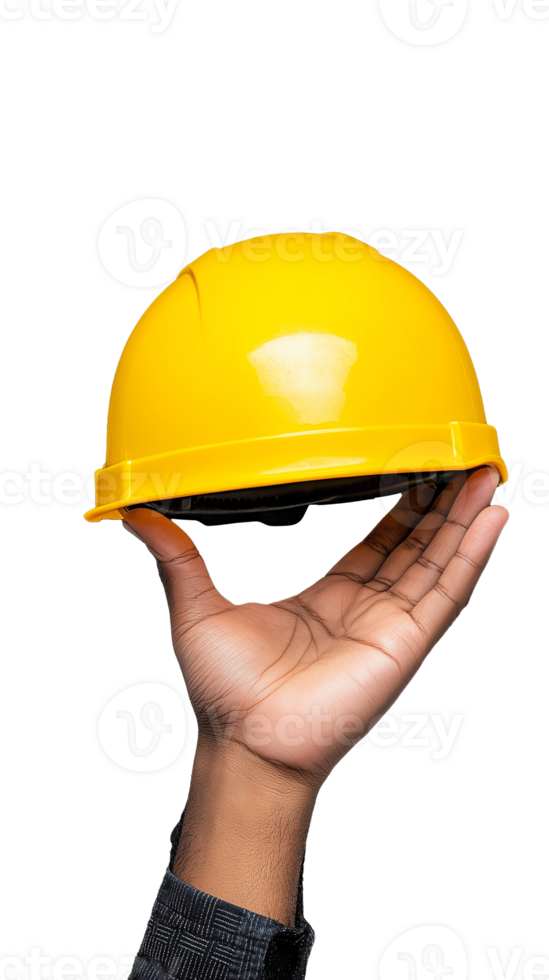 Hand holding a yellow construction helmet, isolated on a transparent background png