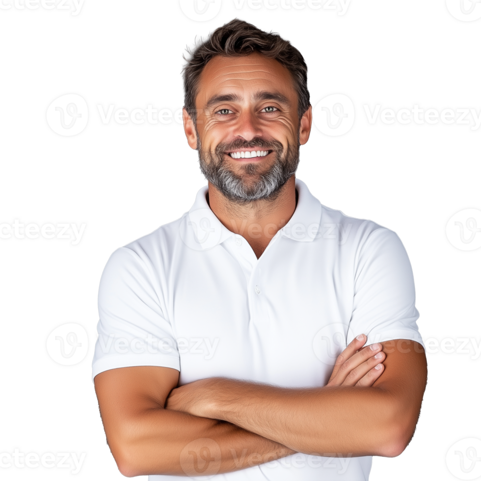 Smiling man in white shirt with arms crossed, confident expression, isolated on a transparent background png