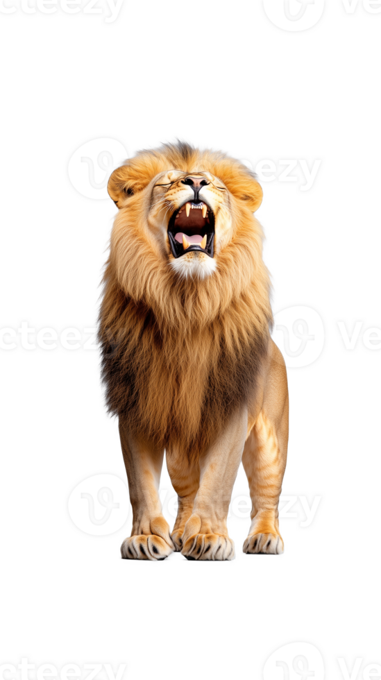 Majestic lion standing with mouth open, displaying dominance, isolated on a transparent background png