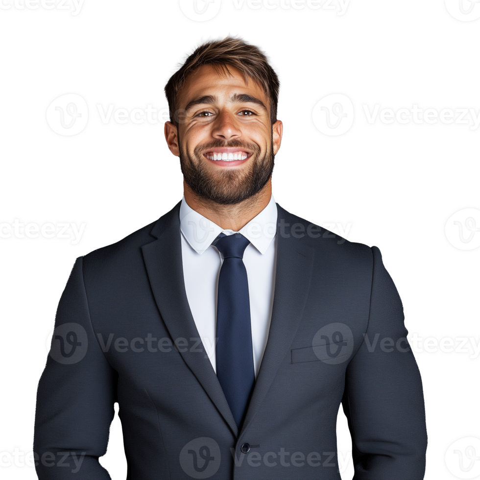 Smiling young man in suit with beard, professional and confident, isolated on a transparent background png