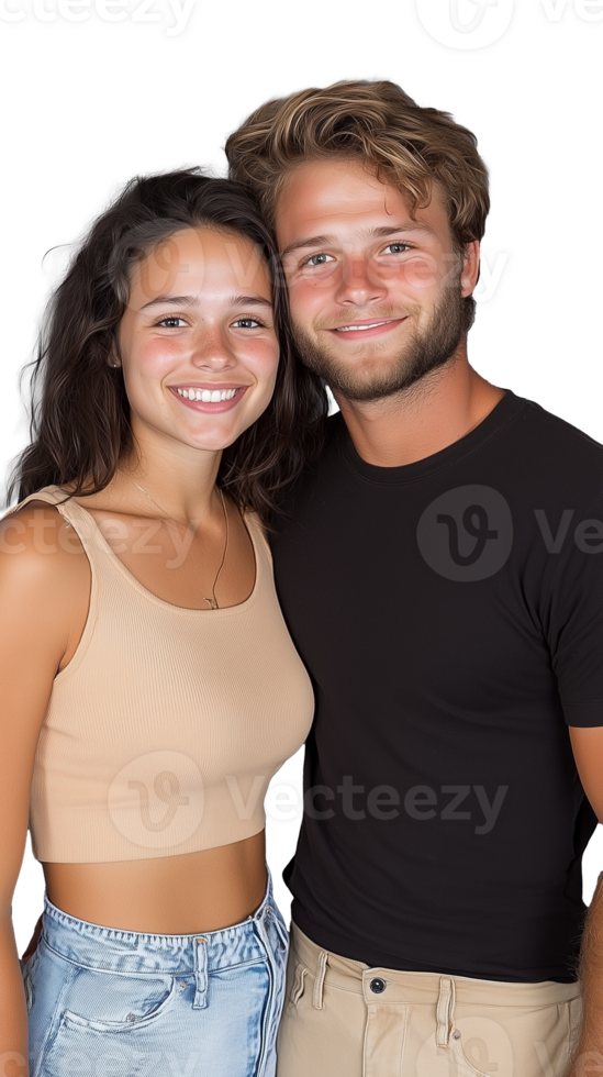 Smiling young couple embracing, casual clothing, isolated on a transparent background png