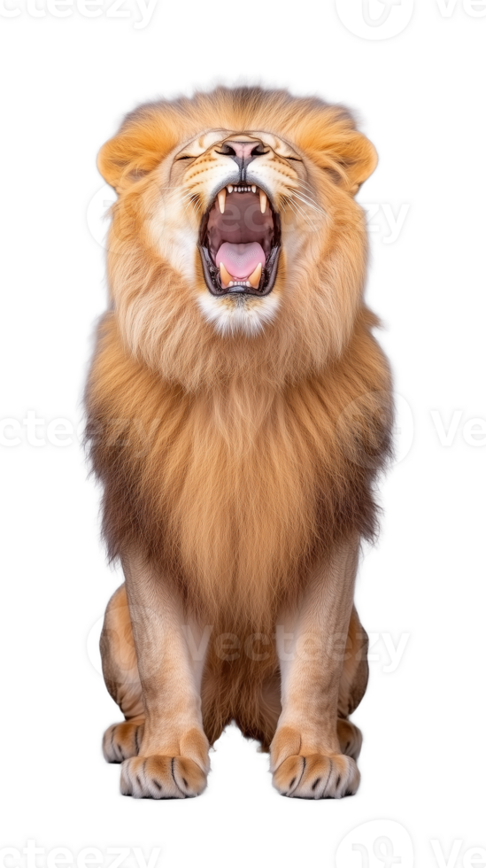 Roaring lion with mane fully displayed, front view, isolated on a transparent background png