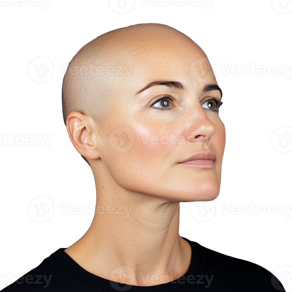 Bald woman with serious expression, side view portrait, isolated on a transparent background png