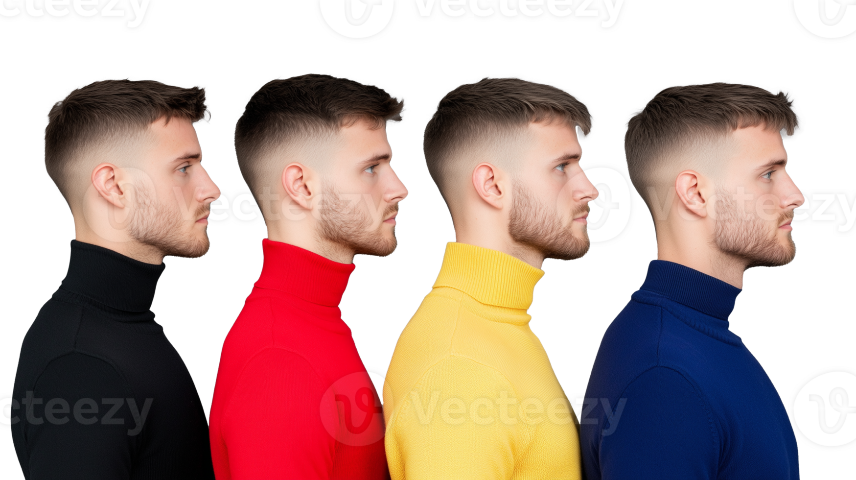 Profile view of young man in colorful turtlenecks, isolated on a transparent background png