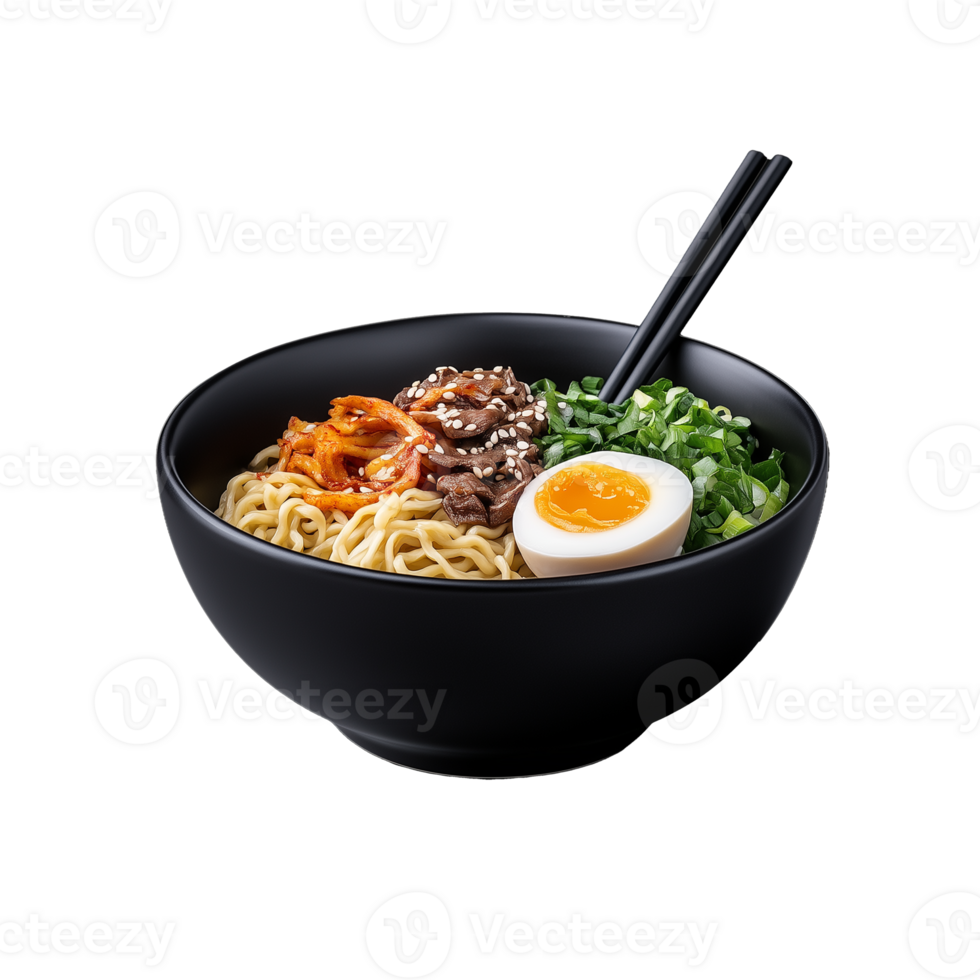 Bowl of ramen noodles with egg, seaweed, and green onions, isolated on a transparent background png