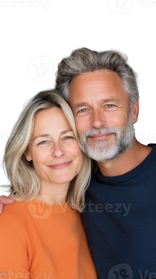 Happy middle-aged couple embracing, both smiling, isolated on a transparent background png