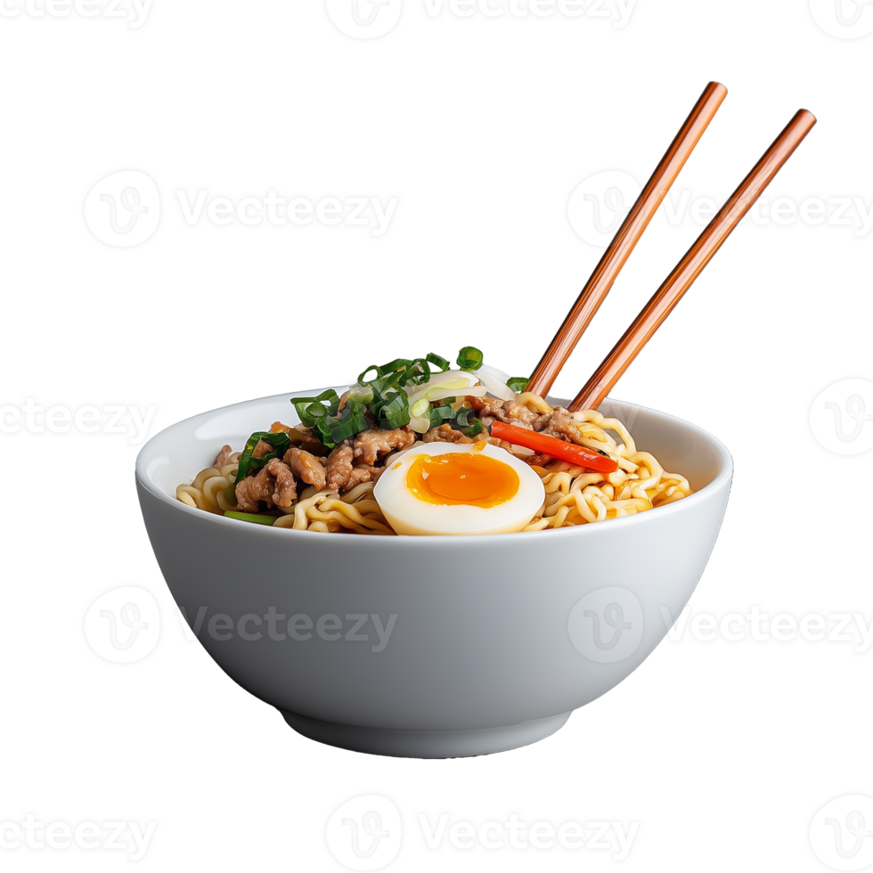 Japanese ramen in a white bowl with chopsticks, featuring egg and greens, isolated on a transparent background png
