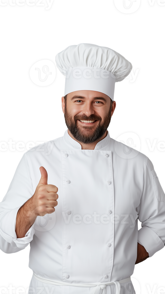 Male chef in white uniform giving thumbs up with a happy expression, isolated on a transparent background png