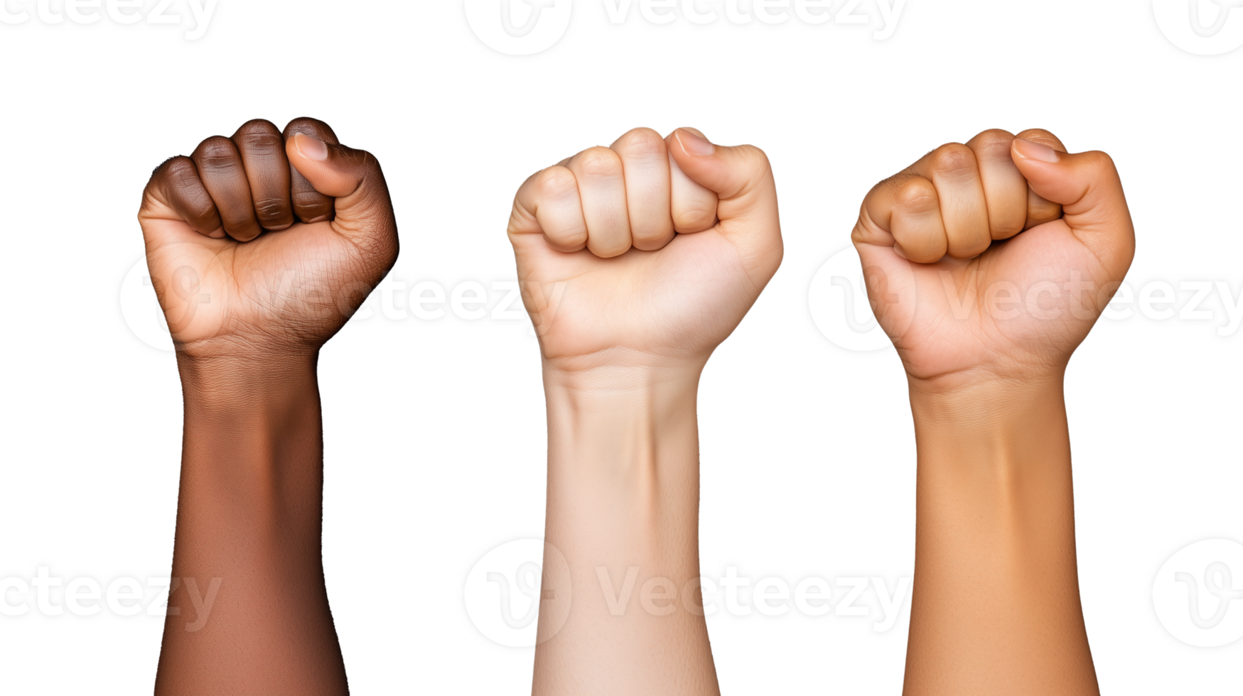 Raised fists in various skin tones showing solidarity and unity, isolated on a transparent background png