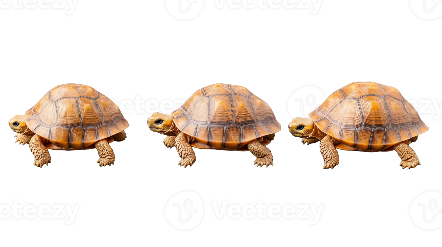 Four tortoises lined up side by side, isolated on a transparent background png
