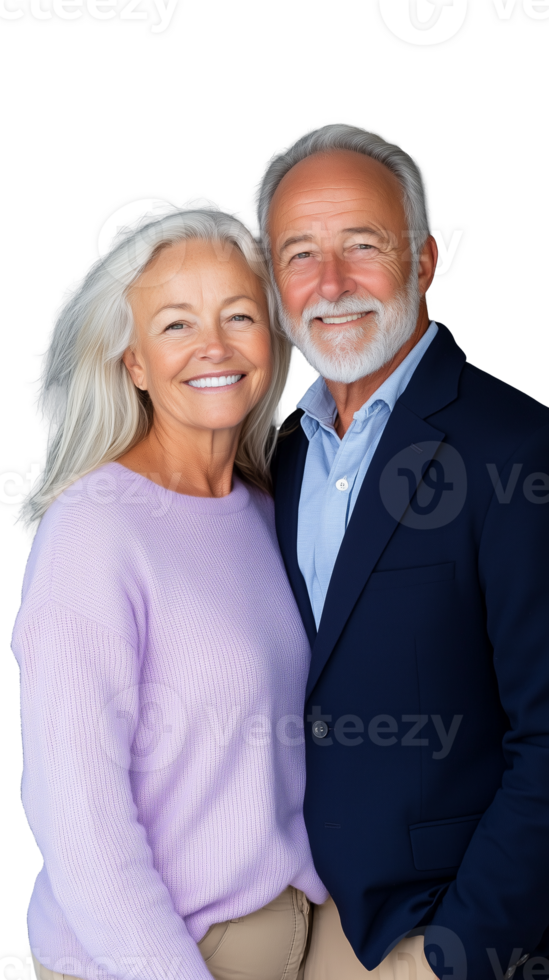 Happy elderly couple embracing, both smiling and looking content, isolated on a transparent background png